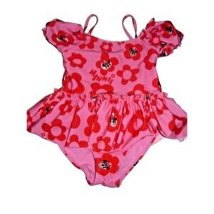 Disney Minnie Mouse Swimsuit Cute Flower Pattern Pink&Red Size 5/6 Beachwear